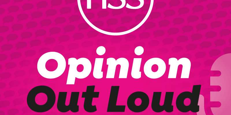 Opinion out loud pink logo, microphone and speech bubbles
